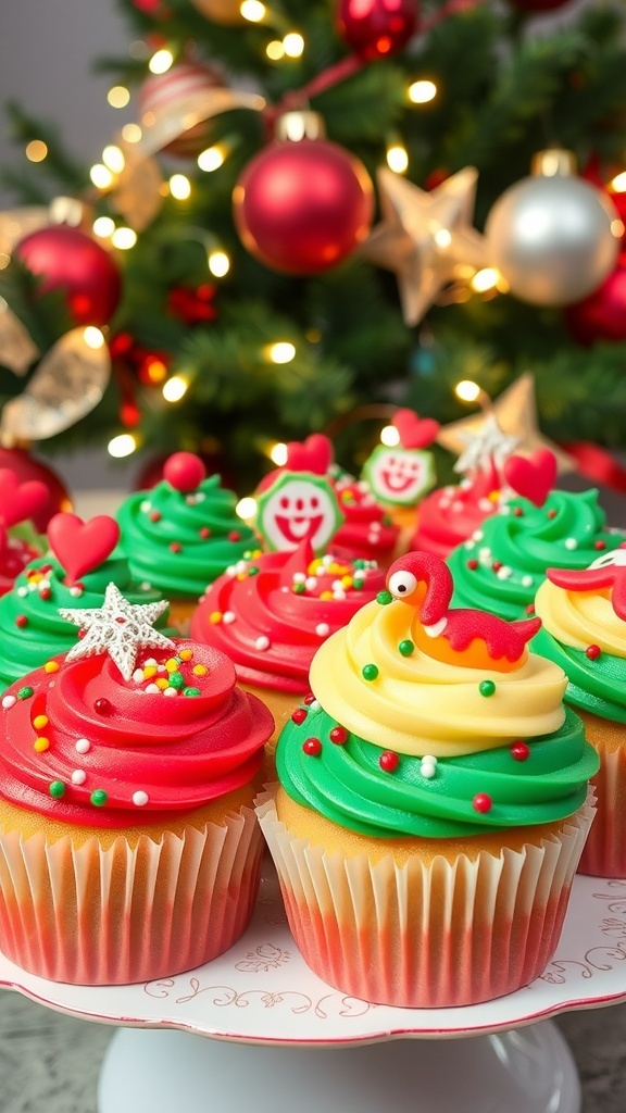 Festive Christmas Cupcakes Recipe A tray of decorated Christmas cupcakes with red and green frosting and sprinkles, set against a festive background.
